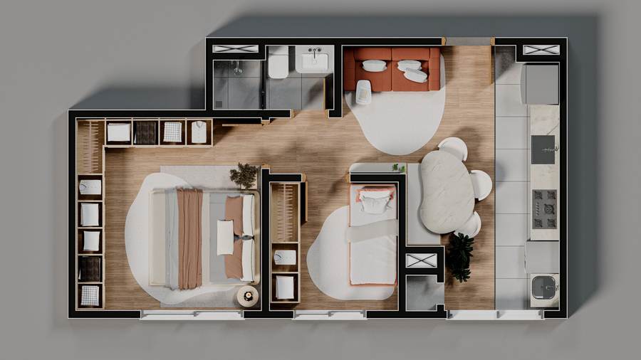 Planta 2 Dormitórios 46m²