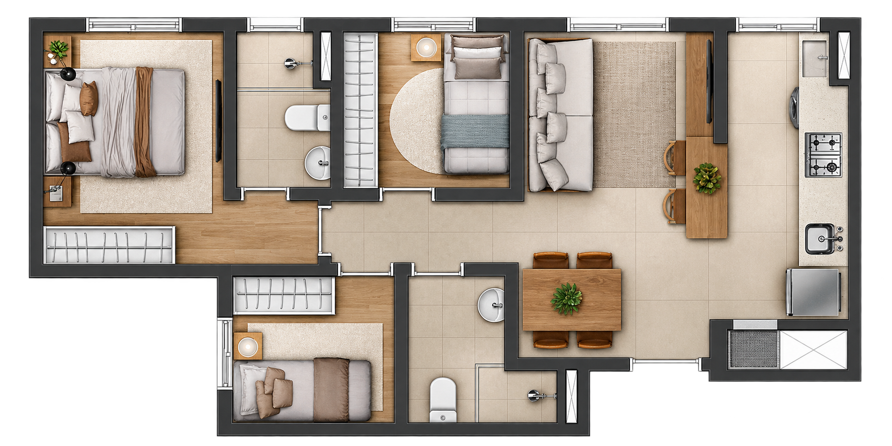 Planta 3 dormitórios com suíte 53,56 m²