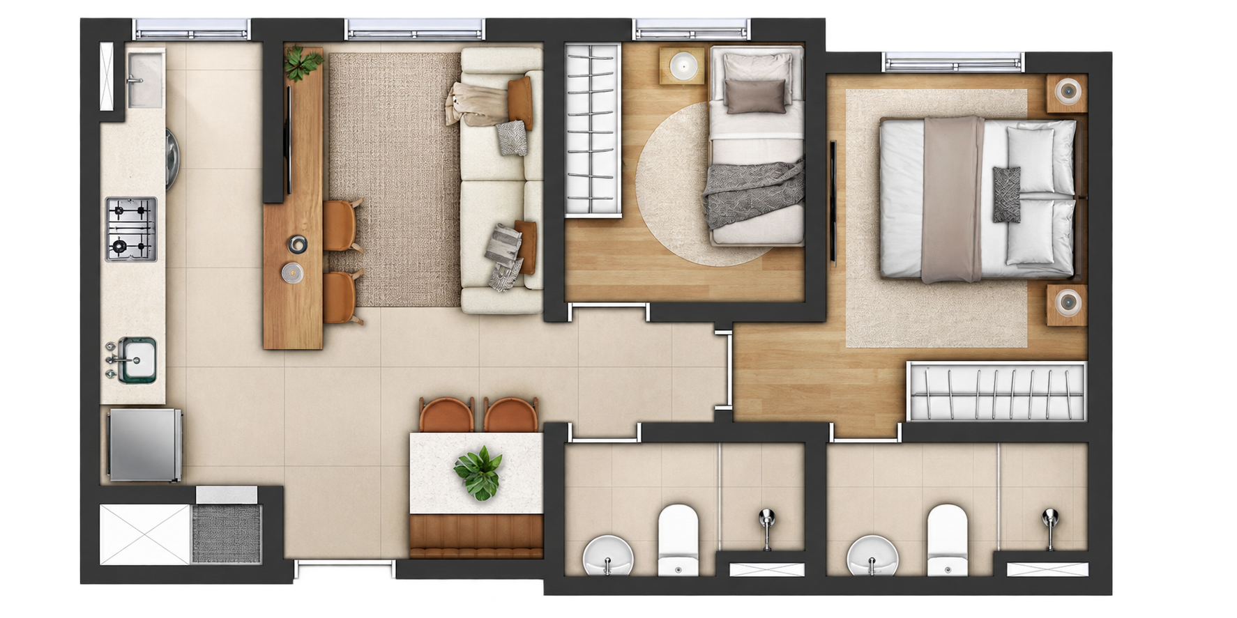 Planta 2 dormitórios com suíte 46,70 m²