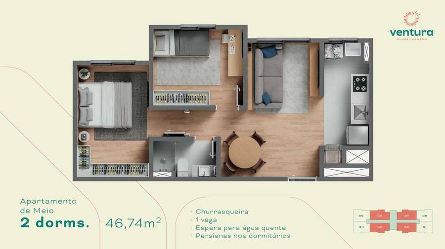 Planta 2 dormitórios 46,74 m²