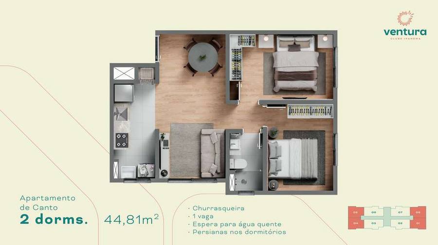 Planta 2 dormitórios 44,81 m²