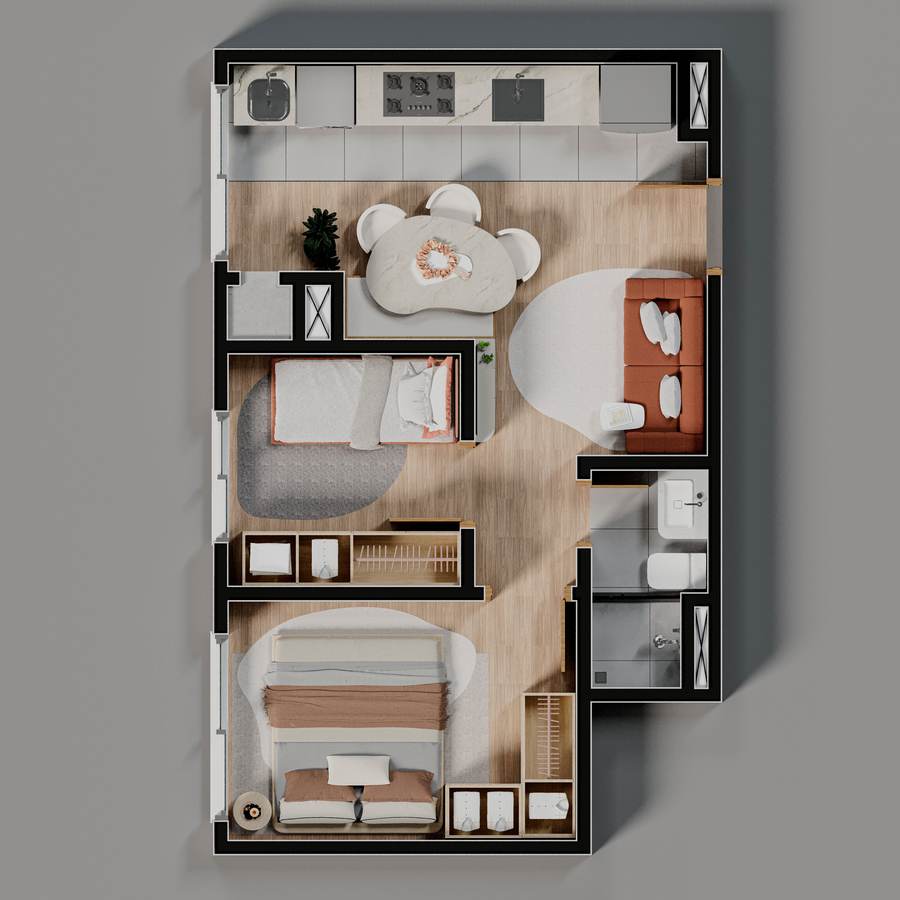 Planta 2 Dormitórios 36m²